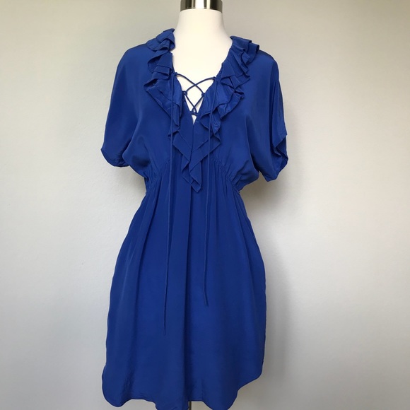 Rebecca Taylor Blue Silk Lace Up Ruffle Dress 2 Rebecca Taylor Blue Silk Lace Up Ruffle Dress 2